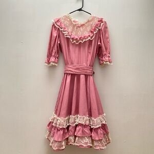 Vintage - Jeri Bee 1980 Rockabilly Pink Lace Trim Square Dance Prairie Dress